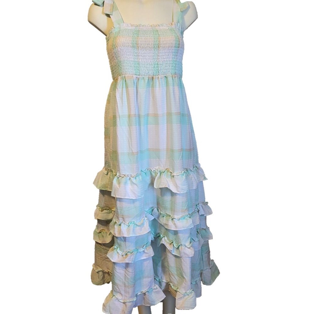 NWOT By the River Maxi Dress Ruffled Plaid White & Pale Green Size Large